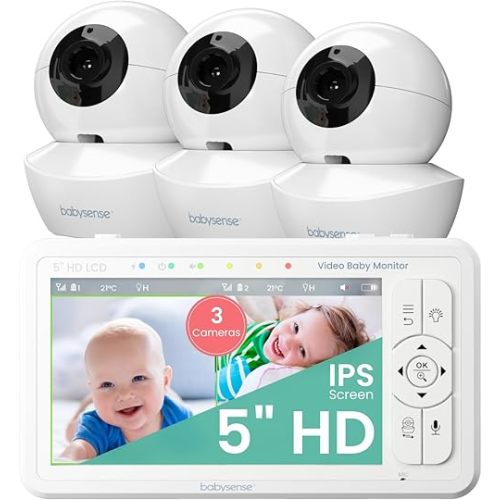 Babysense 5" HD Split-Screen Baby Monitor, Video Baby Monitor with Camera and Audio, Three HD Cameras with Remote PTZ, Night Light, 960ft Range, Two-Way Audio, 4X Zoom, Night Vision, 4000mAh Battery