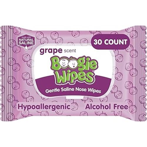 Boogie Wipes Saline Nose Wipes - 30 Count - Grape Scent, Hypoallergenic & Alcohol-Free - Allergy Relief - Made with Natural Saline, Aloe, Chamomile & Vitamin E - Diaper Bag Essential