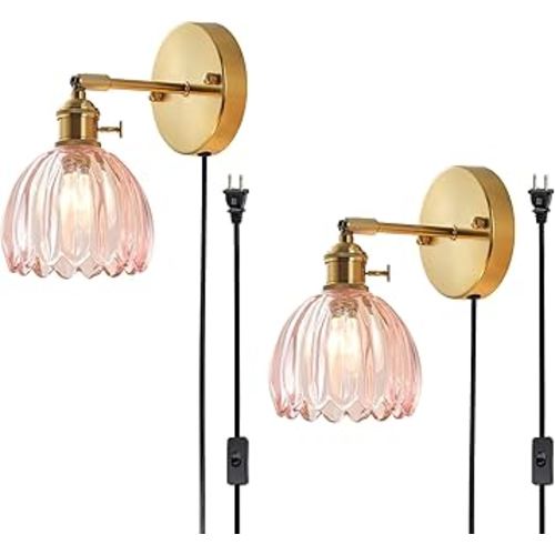 Plug in and Hardwired Wall Sconces, Luxury Vintage Tulip Crystal Glass Shade Wall Light with Switch for Bedside Bedroom Living Room (Tulip-Pink, 2)