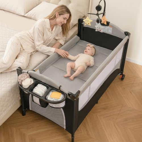 INFANS 5 in 1 Pack and Play, Portable Baby Playard, Gray
