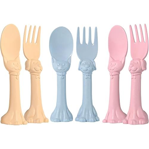 Made in USA Spoon la la Toddler Utensils Set - 6 Pack (3 Spoons & 3 Forks for Kids) - Self-Standing 3D Ergonomic Cat & Dog Handles - BPA-free, Dishwasher Safe, Baby Silverware (Pink, Blue, Yellow)