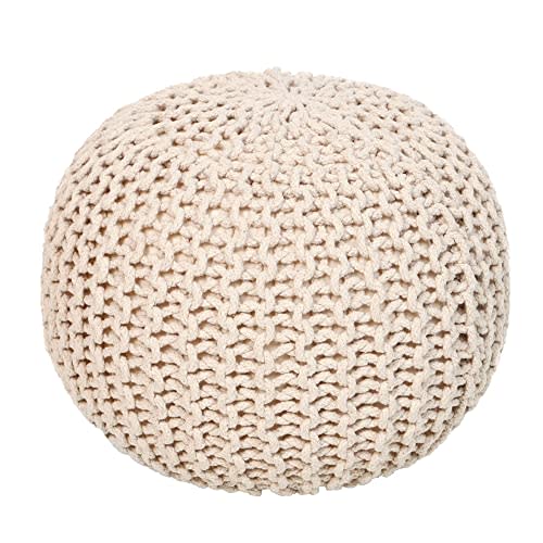 REDEARTH Round Pouf Ottoman - Cable Knitted Boho Poof - Home Décor Cord Pouffe Handmade Circular Footrest for Living Room - Bedroom - Kids Bedroom - 100% Cotton Pouf (19.5"x19.5"x14") - Ivory