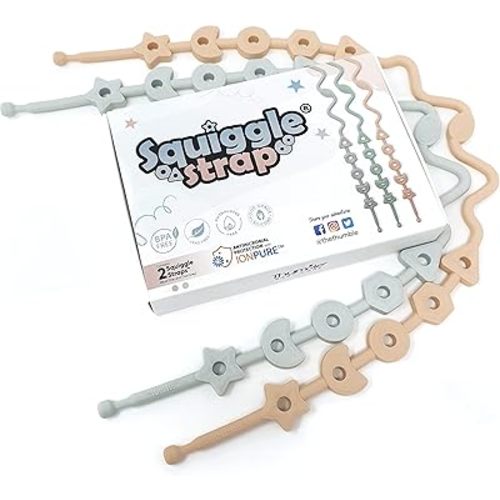Squiggle Strap® 2pcs Toy Straps, Food Grade Silicone Adjustable Toy Holder Strap, Baby Toy Leash, Teether Strap, Sippy Cup Handle Strap, Toy Clips for Strollers, high Chairs (Blush Pink + Cool Grey)