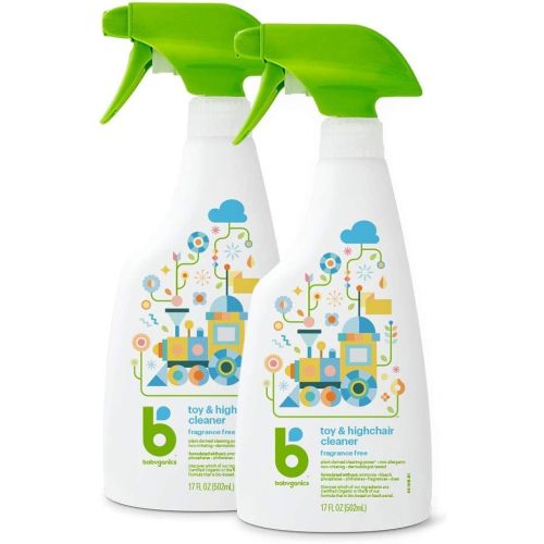 Babyganics Toy & Highchair Cleaner Spray, Fragrance Free, 17oz Spray Bottle, Made without ammonia, bleach, phosphates, phthalates or dyes, Pack of 2.