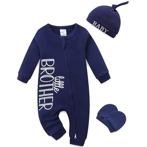 Newborn Boy Clothes Baby Coming Home Outfits 3Pcs Little Brother Outfit | One Piece Romper,3-Piece With Hat and Gloves,100% Cotton,2 Way Zipper,Letter Print,Long Sleeve