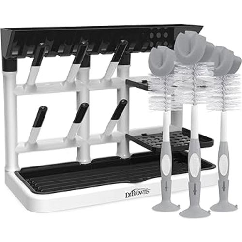 Dr. Brown's Drying Tower, Stand-Up Rack with Reusable Sponge Baby Bottle Cleaning Brush Set, 3-Pack, Grey
