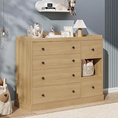 Kids Dresser Cabinet with 6 Drawers, Changing Table for Nursery with Shelf, Multi-Functional Chest of Drawers, Kids Bedroom Furniture, Nightstand for Children's Room, Oak