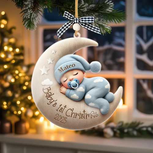 Baby First Christmas Wooden Ornament, Moon Sleeping Design, Personalized Keepsake Ornament, Unique Newborn Gift, Baby Gift Idea, Xmas Decor