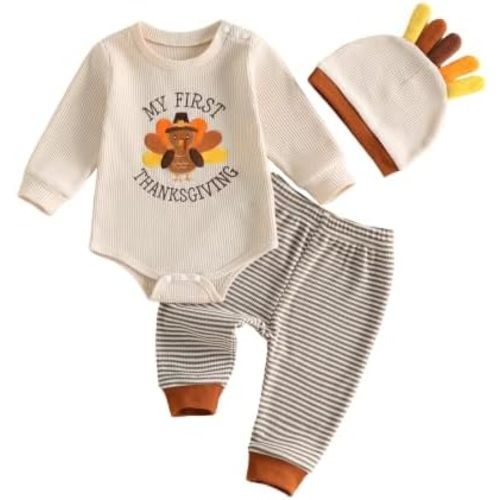 Newborn Baby Boy First Thanksgiving Outfit Waffle Turkey Romper Pants 3Pcs