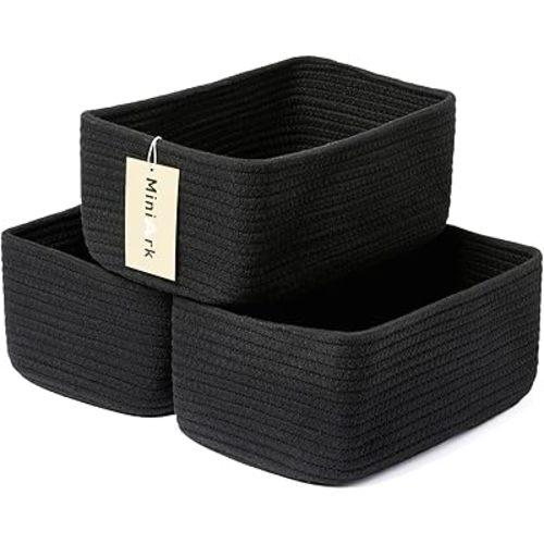 Small Storage Baskets for Organizing | Closet Organizer Bins | Shelf Toy Basket | Woven Rope Baskets | Cube Decorative Box | Shallow Basket | 11.5x7.5x4.7” | 3 Packs Black
