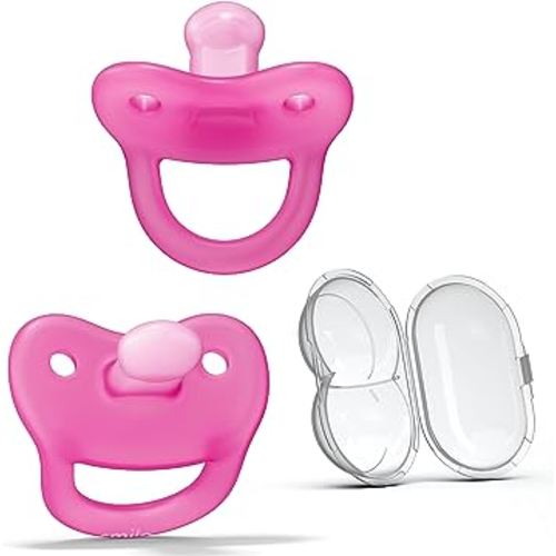 Smilo Newborn Baby Pacifier with Sterilization Box - 2 Pack of Orthodontic Pacifiers for Babies from 0-2 Months - Expands to Support The Palate During Soothing - BPA-Free - Pink