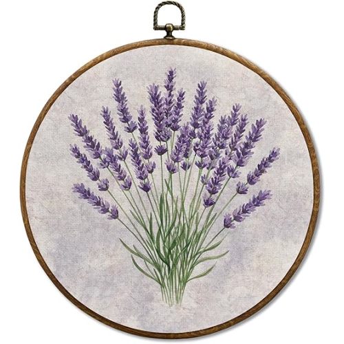 JUIOEIU Cottagecore Lavender Floral Round Wall Decor, Lavender Flower Framed Canvas Prints, Vintage Floral Botanical Wall Art Hanging Decorations for Home Bedroom Living Room Decor, 10x10in