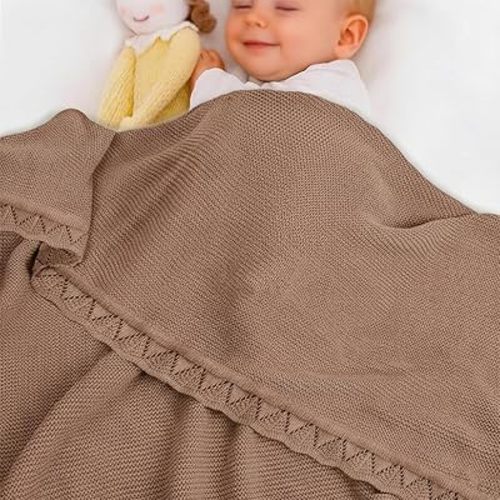 Baby Knit Blanket Soft Breathable Cotton Scallop Border Blankets Newborn Knitted Blanket Swaddle Blankets Gifts for Baby Newborn Toddler Shower Boy Girl New Mom Birthday Christmas Mocha 30x40