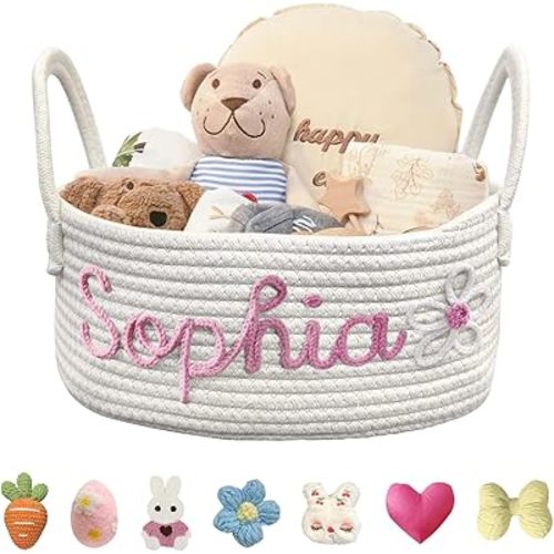 Personalized Baby Basket with Name Custom Cotton Rope Storage Bin for Diaper Caddy, Organizer, Keepsake - Shower Gift