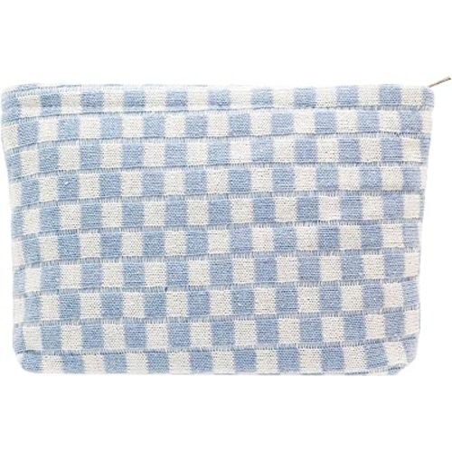 PAZIMIIK Knit Checkered Makeup Bag Large Zipper Make Up Accessory Pouch for Purse Cosmetic Brush Bag for Travel Essential,Blue