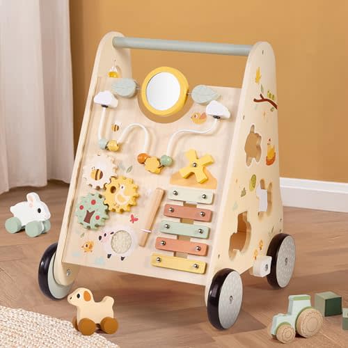 Pithfor Wooden Baby Push Walker, Baby Walker with Activity Center for Girls Boys, Montessori Sensory Push Toys for Babies Learning to Walk & Sit-to-Stand