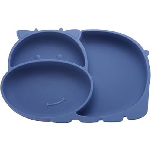 RUNDE Silicone Baby Plates with Suction,Divided Placemat Dish for Toddlers and Kids,Baby First Stage Self Feeding Training Supplies (Hippo-Blue)