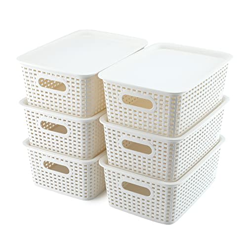 AREYZIN Plastic Storage Baskets With Lid Organizing Container Lidded Knit Storage Organizer Bins for Shelves Drawers Desktop Closet Playroom Classroom Office, White, 6 Pack
