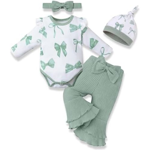 Preemie Newborn Baby Girl Clothes Cute Baby Girl Winter Outfits Gifts Infant Romper Bell Bottoms Pant Bow Headband Sets