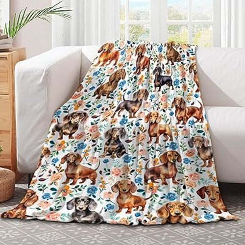 Dachshund Blanket, Wiener Dog Throw for Boys Girls, Floral Pattern Decor for Couch Bed Living Room, Pets Lover Gifts, 40"x50"-Kids/Throw Size