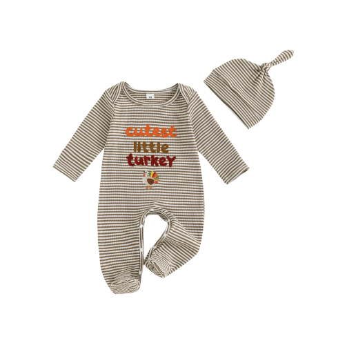 Miaouyo Infant Baby Boy Thanksgiving Fall Stripe Romper 0 3 6 12 18 Months Turkey Embroidery Long Sleeve Round Neck Full Length Jumpsuit with Hat