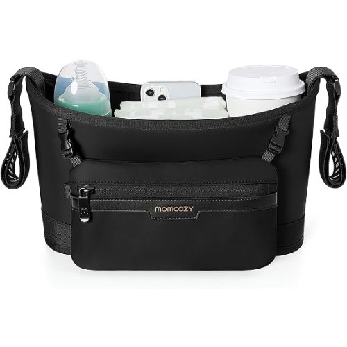 Momcozy Universal Stroller Organizer, Slim Stroller Caddy with 2 Insulated Cup Holders, Non-Slip Silicone Straps, Detachable Mini Pouch, Dense-Weave Parent Console for UPPAbaby, Doona, Graco & More
