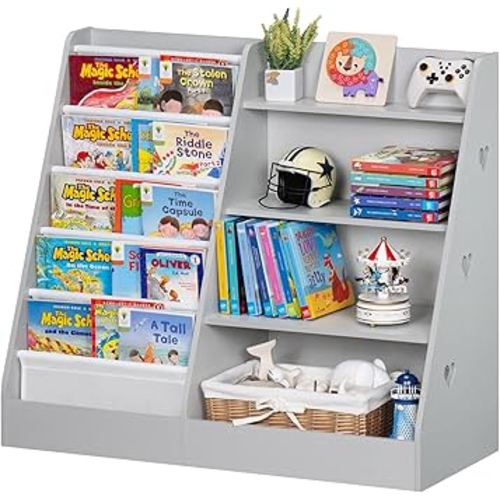 Lerliuo 4 Tier Kids Bookshelf and Storage Organizer, Five Layer Sling Children Bookcase, Baby Toddler Wooden Book Shelf, Display Cabinet for Playroom, Bedroom, Classroom, Nursery, School (Grey)