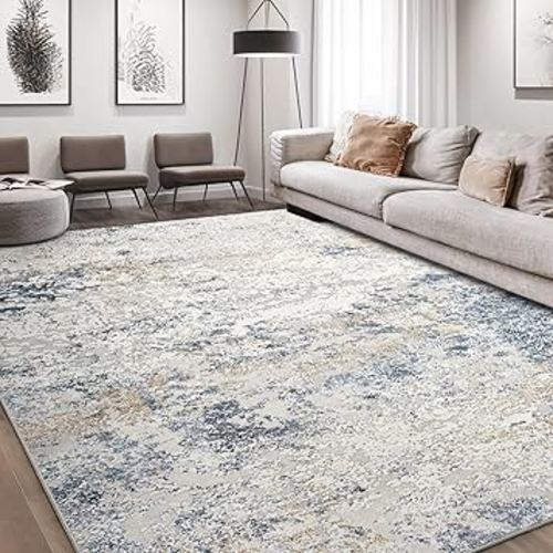 Area Rug Living Room Rugs - 7x9 Large Soft Indoor Neutral Modern Abstract Low Pile Washable Rug Carpet for Bedroom Dining Room Farmhouse Home Office - Beige Blue