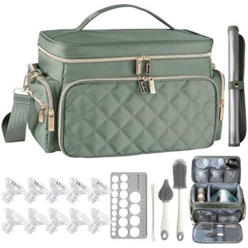 Breast Pump Bag Kit for Spectra S1/S2, Pumping Bag with 10Pcs Flange Inserts for 24mm Flange, Nipple Ruler, Bottle Brush Set, Waterproof Mat, Pump Carrying Case for Work Travel, Sage Green