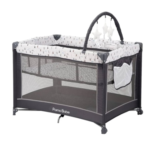 Pamo Babe Portable Playard,Sturdy Play Yard with Padded Mat and Toy bar with Soft Toys