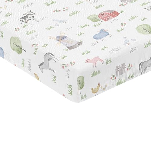 Sweet Jojo Designs Muslin Crib Sheets (Farm Animals) for Baby Girls/Boys, Infant Nursery, Toddler Room - 100% Cotton Fitted Sheet Standard Size (Neutral, Watercolor, Farmhouse Barn, Horse, Cow, Sheep)