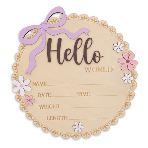 Hello World Wooden Baby Birth Announcement Sign, Pink Floral Newborn Name Date Time Weight Length Board, Baby Girl Nursery Decor Photo Prop Keepsake (Mouve)