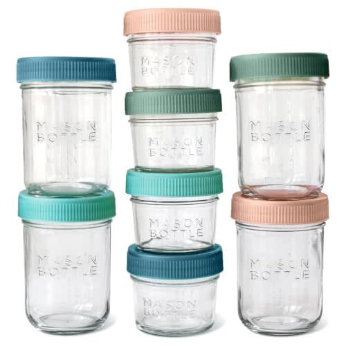 Mason Bottle Glass Breastmilk Storage Jar Set with Lids, 8-Pack, 4oz & 8oz | Baby Glass Jar Set with Airtight Leakproof Lids, Freezable Breast Milk Storage Jars, Baby Food Storage Containers, Deep Ocean