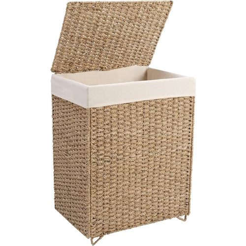 PrimeZone 90L Laundry Hamper with Lid - 23.8 Gal Foldable Natural Seagrass Hand Woven Laundry Basket with Removable Liner & Handle, Rattan Clothes Hamper Organizer for Bathroom, Bedroom