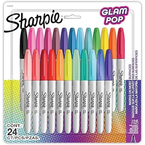 Sharpie Glam Pop Permanent Markers, Fine Tip Marker Set, Coloring Markers, Art Markers, Drawing Markers, Writing Markers, Assorted Colors 24 Count