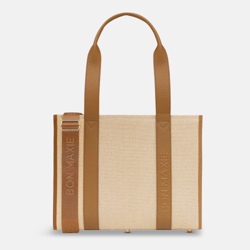 Mid Structured Tote in Jute Canvas/Tan Leather - 14" Laptop Bag | Bon Maxie – BON MAXIE