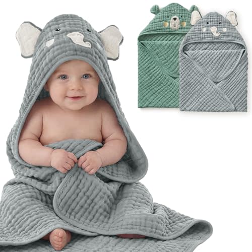 Blissful Diary Muslin Baby Hooded Towel 2 Pack, Soft & Absorbent Bath Towel for Infant, Toddler, Unisex, Baby Gift, Newborn Essentials, Smart Bear & Wise Elephant
