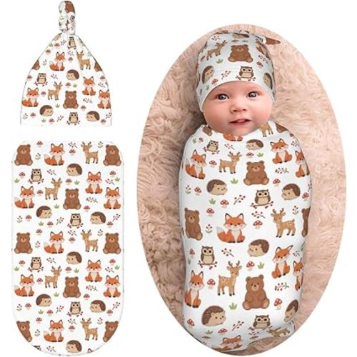 Hedgehog Fox Bear Deer Newborn Baby Swaddle Blanket Woodland Theme Baby Stuff,with Beanie hat Sets, Soft Gifts for Unisex Boys Girls Shower Infant