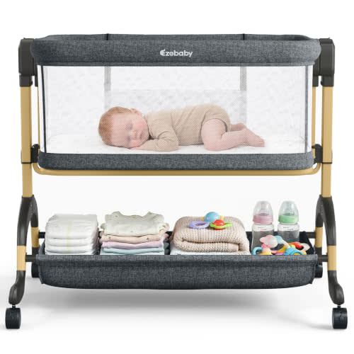 Ezebaby 3 in 1 Baby Bassinet Bedside Sleeper, Rocking Bassinet for Newborns | Comfy Mattress & Breathable Full Mesh Sides, 7 Height Adjustable, Portable Crib with Lockable Wheels