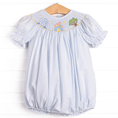 Amusement Park Adventures Smocked Puff Sleeve Bubble, Blue Seersucker – Stitchy Fish
