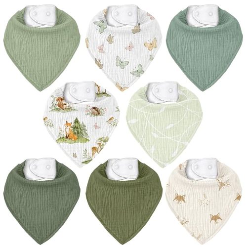 Muslin Baby Bibs 8 Pack, Baby Bandana Drool Bib for Drooling and Teething, Cotton Soft Absorbent for Girls Boys (Sage Green Jungle Animals)