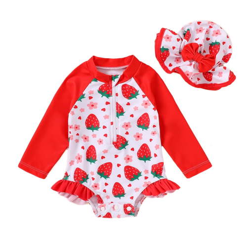 Happy Town Toddler Baby Girls Clothes 0-24M Summer Long Sleeve Zipper One-Piece Swimsuit + Hat Bathing Suit