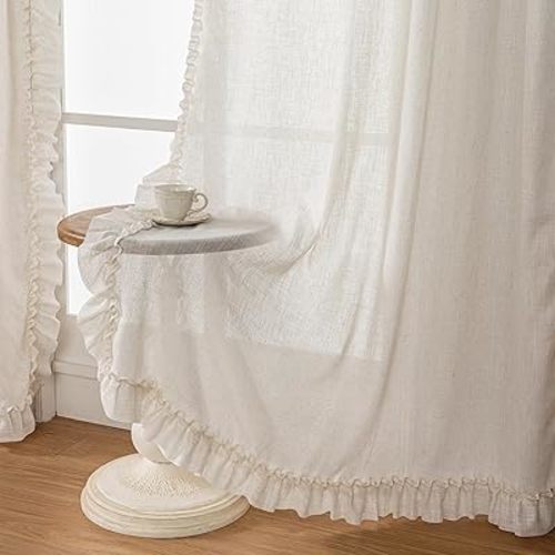 TERLYTEX Natural Linen Ruffled Curtains for Bedroom, 47 x 72 Inch, 2 Panels