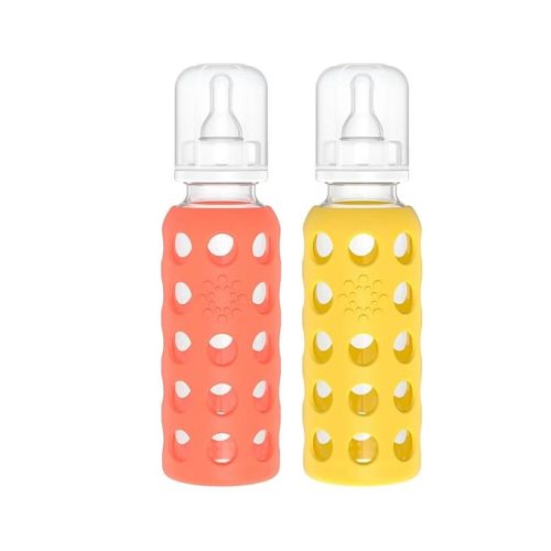 Lifefactory Glass Baby Bottle BPA Free | Protective Silicone Sleeve | 9 oz Pack of 2 | Mango, Papaya