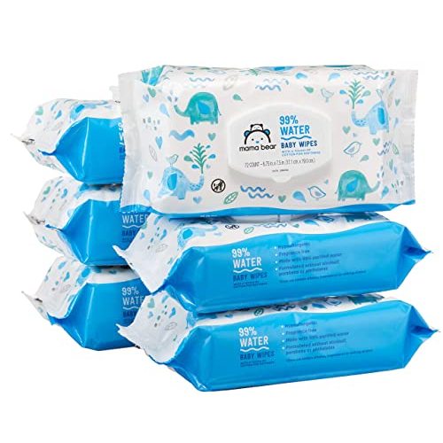 Amazon Brand - Mama Bear 99% Water Baby Wipes, Hypoallergenic, Fragrance Free, 432 Count (6 Packs of 72)