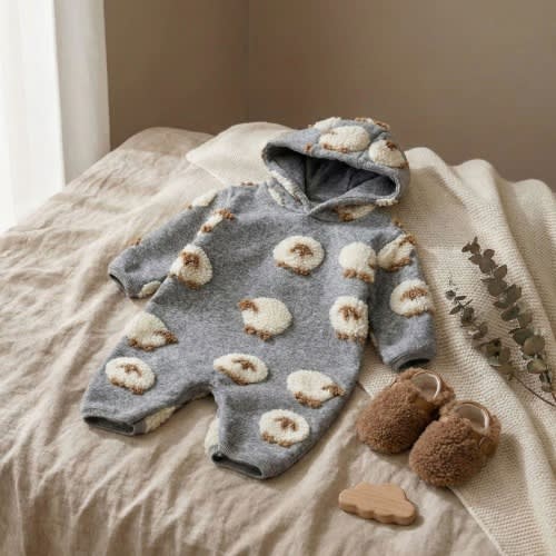 Plush Lamb Hooded Baby Romper, Fleece Onesie, Baby Shower Gift