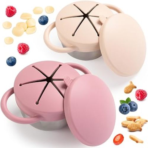 Bufilea 2 Pack Snack Containers for Toddlers, Stainless Steel Toddler Snack Cups with Silicone Food Catcher & Lids,Snack Cups for toddlers Spill Proof