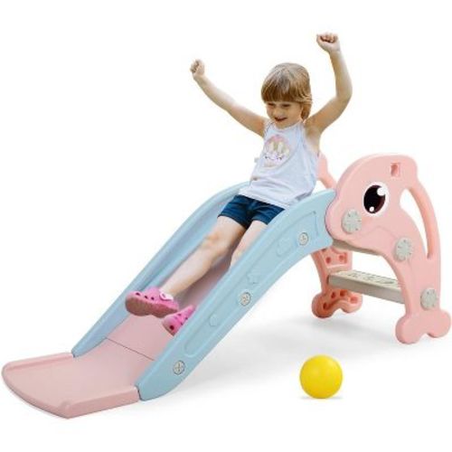 Sandinrayli 3 in 1 Toddler Slide, Baby Slide Climber Playset with Basketball Hoop and Ball, Indoor and Outdoor Playground for Kids Pink