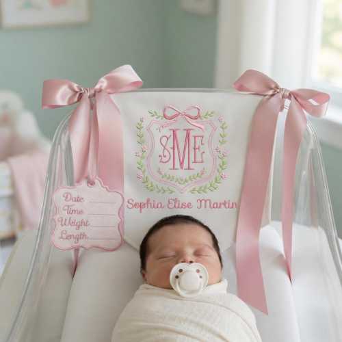 Custom Baby Banner with Birth Name Tag, Welcome Banner with Floral Crest, Bows Baby Banner, Hospital Door Sign, Baby Shower Gifts