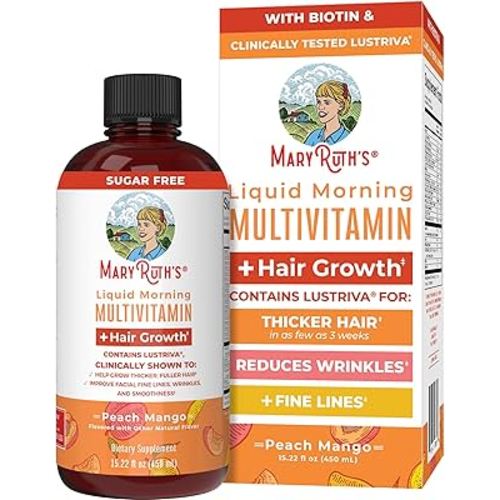 MaryRuth Organics Liquid Multivitamin+Hair Growth | Biotin 10000mcg | Lustriva Hair Growth Supplement | Clinically Tested in Women for Thicker Hair&Facial Wrinkle | Skin Care | Ages 18+ | 15.22 Fl Oz